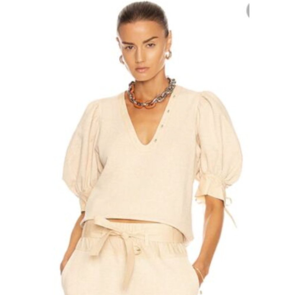 Ulla Johnson Oatmeal Bess Mixed Media Puff Sleeve Pullover Size S